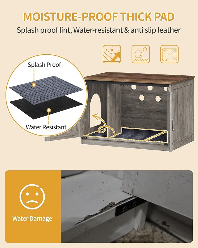 Hzuaneri Cat Litter Box Enclosure with Cushion, Hidden Litter Box Furniture with Removable Dividers, Reversible Entrance Left or Right Side, Cat House, Greige CB84605X