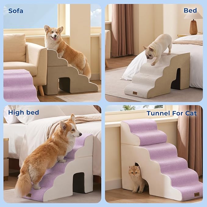 ZOMISIA Dog Steps for High Beds - 6 Step 29" H Pet Stairs with Tunnel 2 in 1 with Zippers Suitable for Small Dogs and Cats, Indoor Cat Ladders with Non-Slip Bottom, Beige