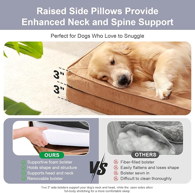 Rainmr Orthopedic Dog Bed for Large Dogs, 36"x27"x6" Memory Foam Pet Bed with Washable Microsuede Cover, TPU Waterproof Liner & Nonskid Bottom, for Indoor, Outdoor, Crate ＆ Car Use, Khaki