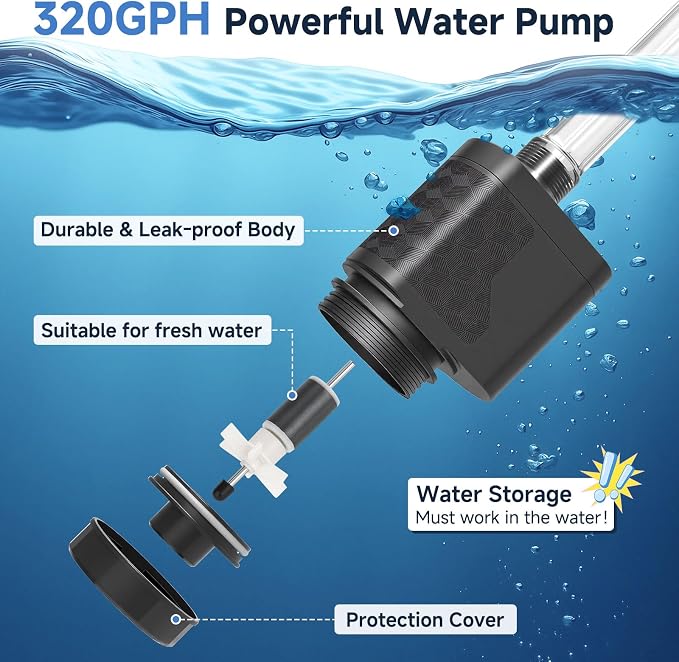 AQQA Aquarium Gravel Vacuum Cleaner, 8-in-1 Electric Fish Tank Cleaner with Automatic Water Change, 320GPH Strong Suction, Anti-Clog Gravel Barrier, Sand Washer, Vacuum Cleaner for 14-30in Tank Height