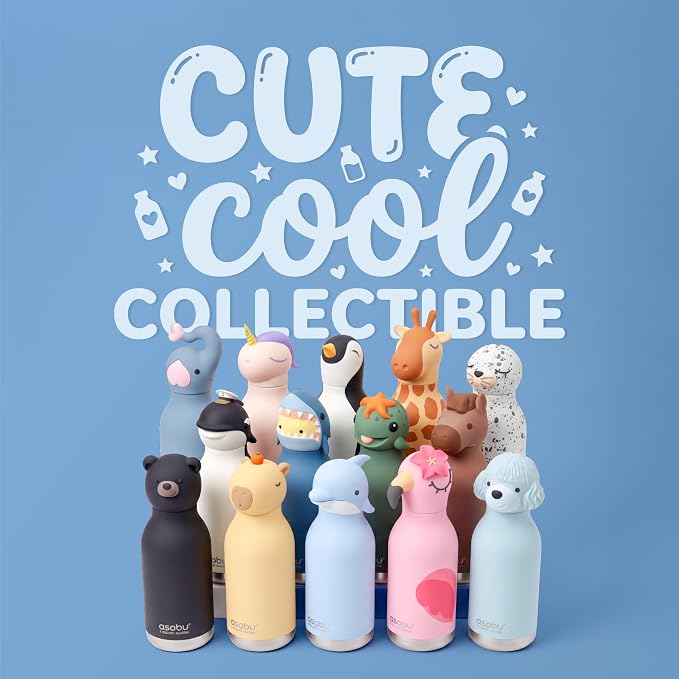 Asobu Bestie Bottle Limited Edition Collectible Kids Water Bottle with Animal Character Lid 16oz (460ml) Insulated Stainless Steel, Leakproof, Reusable with Straw Fun Gift for Girls & Boys