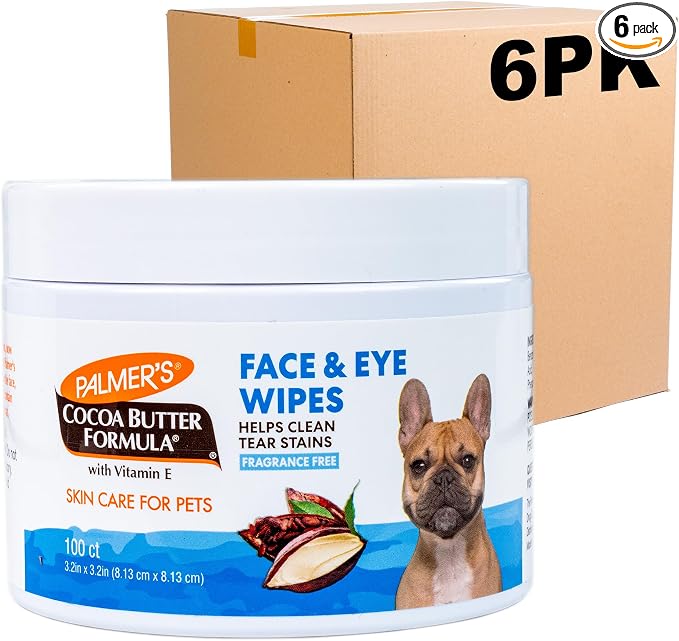 Palmer’s for Pets Face and Eye Dog Wipes with Cocoa Butter, Gentle Tear Stain and Facial Cleaning Wipes for Sensitive Areas and Daily Grooming Care, Unscented, 100 Count - 6 Pack