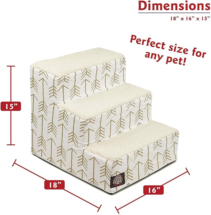 Majestic Pet 3 Step Portable Dog Stairs for Small Dogs to get on Bed Supports 250 lbs or Less – Dog Steps for High Bed with Machine Washable Cover –Pet Stairs for Cats Arrow White/Gold