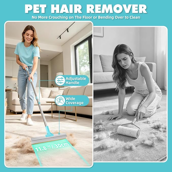 Carpet Rake for Pet Hair Removal Tool, 6 in 1 Pet Hair Remover Broom Kit, Cat Dog Carpet Rake with 53'' Adjustable Handle for Rugs, Mats, Couch