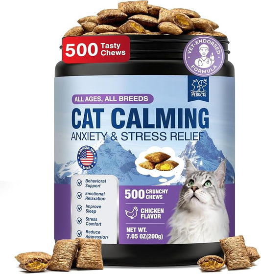 Calming Treats for Cats, 500 Crunchy Creamy Calm Chews Relieve Anxiety, Stress & Reduce Aggression with Melatonin & GABA All Cats Promotes Relaxation for Travel, Vet Visits, Separation -Chicken Flavor