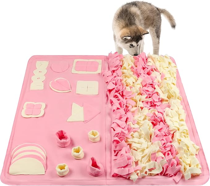 Snuffle Mat for Dogs: Slow Food Interactive Experience - 7 Enrichment Foraging Games for Large Dog Owners Needing to Burn Pet Energy - Washable 1000 Times - 38x38 inch - Pink