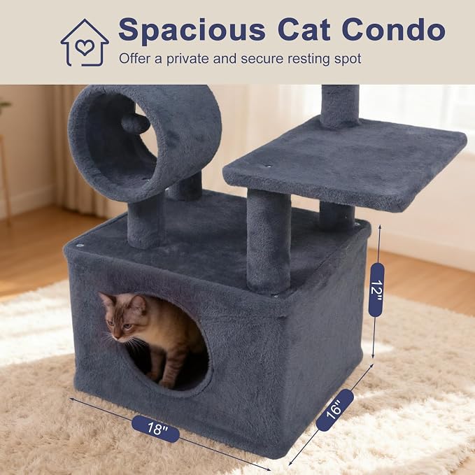 Tangkula Cat Tree Tower, 48 Inch Multi-Level Cat Tower with Large Condo, Sisal Scratching Post, Padded Top Perch, Tunnel, Hanging Ball, 3 Jumping Platforms for Indoor Cats (Dark Gray)