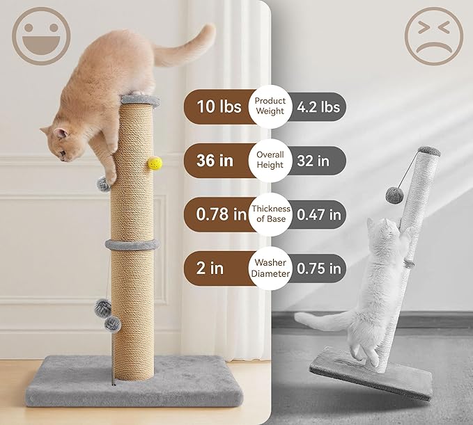 5-Inch Thick Sisal Cat Scratching Post, 36" Tall Tower, Gray | Cat Scratch Tower with Top Platform, Extra-Stable 20.8×15.9" Base, Durable Cat Scratcher, For Indoor Cats