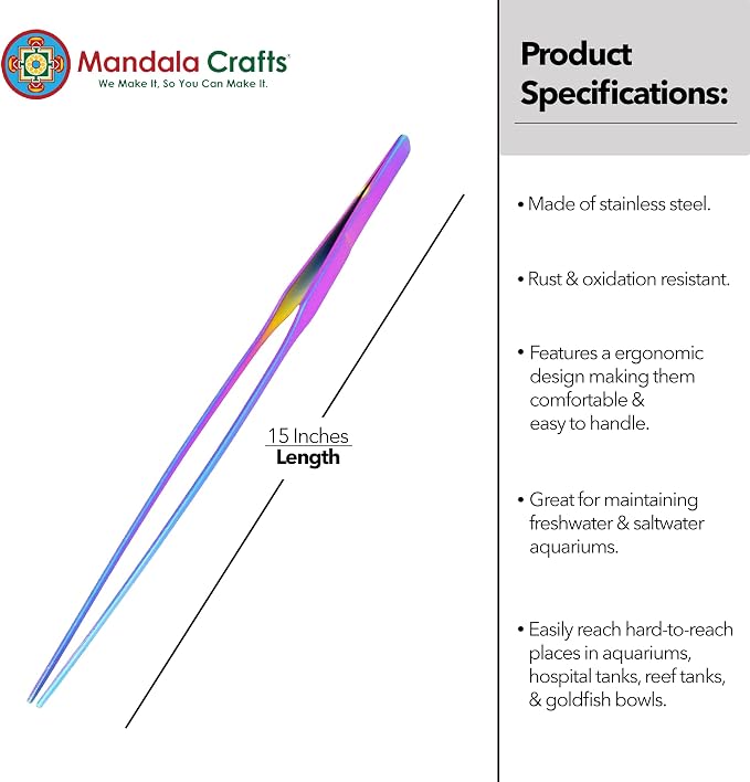 Mandala Crafts 15 Inches Rainbow Stainless Steel Straight Aquarium Tweezers for Aquatic Plants – Long Aquascape Forceps for Fish Tanks, Hospital Tanks, Goldfish Bowls, and Terrariums