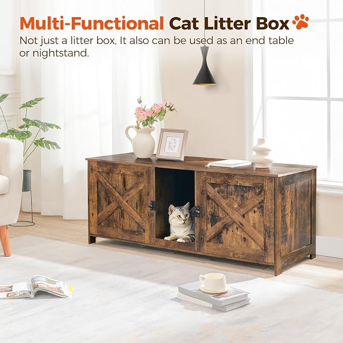 MAHANCRIS Cat Litter Box Enclosure for 2 Cats, 47.2" Hidden Litter Box Furniture with Double Room, Wooden Cat Washroom with Scratching Board, Indoor Cats House End Table, Rustic Brown CWHR1201