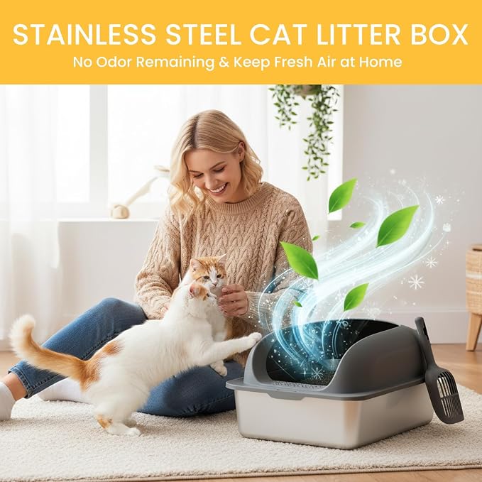 Simple Deluxe XL Stainless Steel Cat Litter Box with Lid, High Sided Metal Litter Pan for Large Cats, Urine-Proof Non-Stick & Easy to Clean, Dark Gray