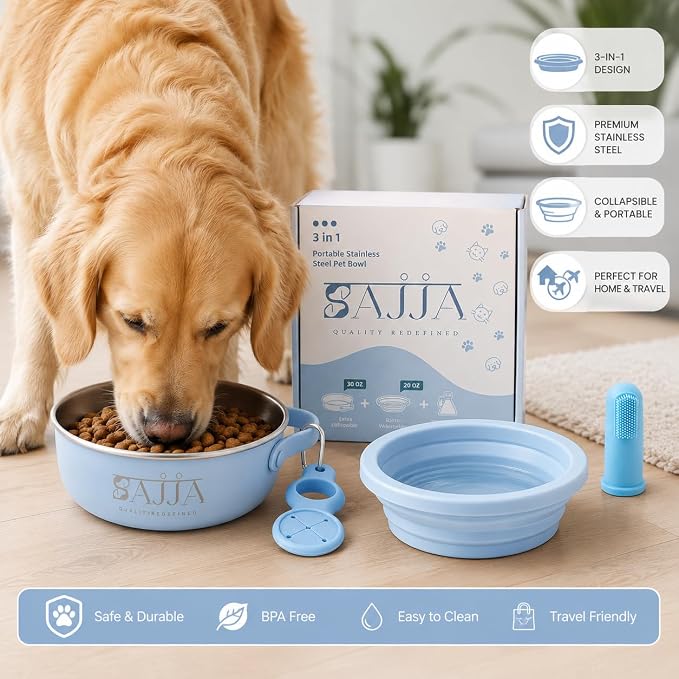 Blue Collapsible Travel Dog Bowl – BPA-Free Silicone & 18/8 Stainless Steel, Portable Non-Slip Food & Water Bowl with Handle, Bottle/Poop Bag Holder – Claim Your
