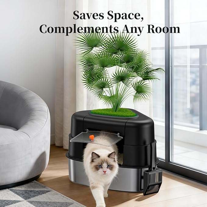 Chumajor XXL Stainless Steel Corner Cat Litter Box with Lid, Enclosed Hidden Plant Litter Box with Artificial Plant, Easy-Clean Covered Decorative Litter Box for Large Cats, Black