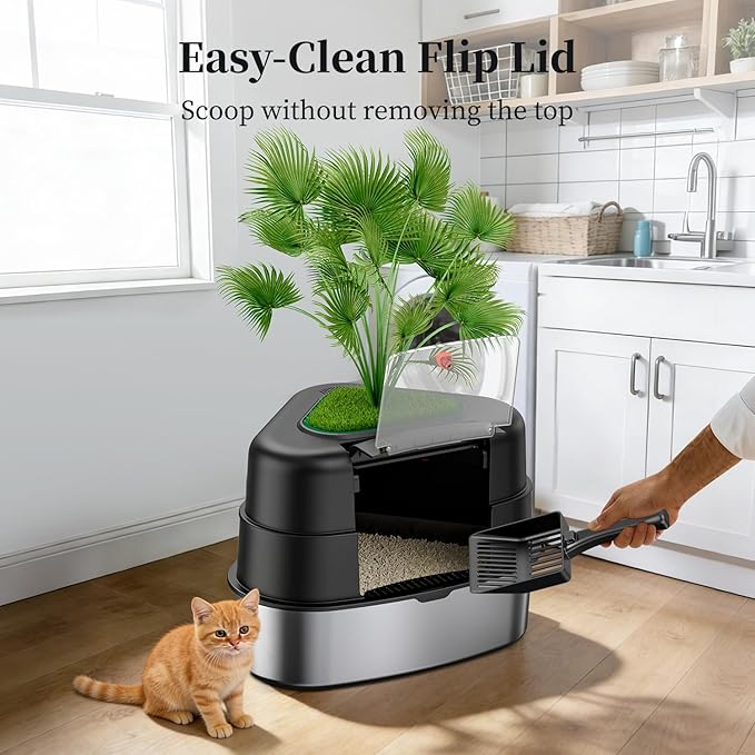 Chumajor XXL Stainless Steel Corner Cat Litter Box with Lid, Enclosed Hidden Plant Litter Box with Artificial Plant, Easy-Clean Covered Decorative Litter Box for Large Cats, Black