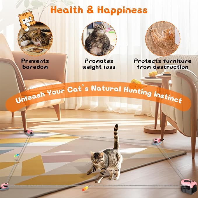 Interactive Cat Toy for Indoor - Automatic Cat Treadmill with Remote Control, 3 Speeds, Quiet Motor & Durable Design | Indoor Chase Hunting Feather Toys for Fitness, Playtime & Energy Release (Pink)