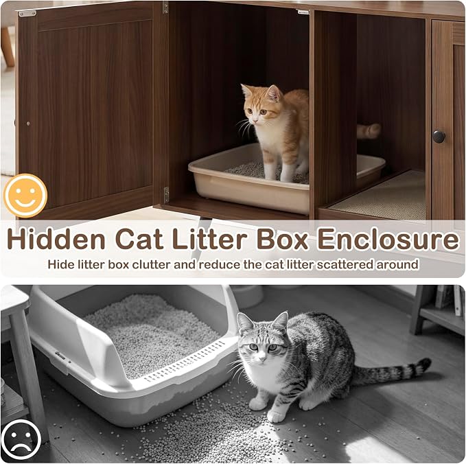 Tangkula Double Cat Litter Box Enclosure for 2 Cats, Large Stackable Hidden Privacy Cat Washroom Cabinet with Scratching Board, Indoor Cat House TV Stand Side Table, Litter Box Furniture (Brown)