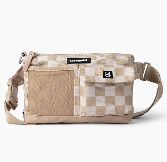 Cleverpup Walk & Train 2-in-1 Dog Walking Bag - Hands-Free Training Crossbody Sling & Fanny Pack with Treat Pouch, Poop Bag Holder, Phone Pockets - Adjustable Waist or Shoulder Strap - Checkerboard