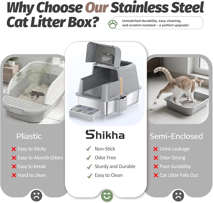 Shikha Stainless Steel Cat Litter Box with 110° Flip-Top Lid -XXL Top Entry Enclosed Litter Box for Large Cats with Deodorization Box, Odor-Free, Non-Sticky, Anti-Leak, Removable Lid for Easy Cleaning