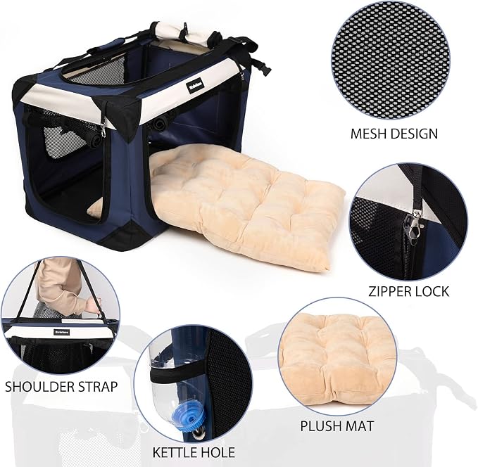 Large Cat Carrier, Collapsible Dog Travel Crate Portable Soft-Sided Pet Carrier with Super Soft Warm Plush Mat for Indoor and Outdoor 24x16x16in,Navy Blue