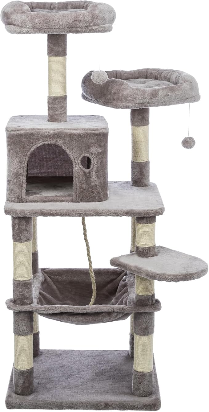 Trixie 56.3" Eduardo Cat Tree, 4-Level Indoor Cat Furniture with Jute Scratching Posts, Plush Condo, Hammock & Platforms, Play Rope and Dangling Ball