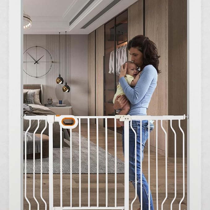 owlie Baby Gate for Stairs 29-52 Inch Wide, Safety Gate for Baby Adjustable Pet Gate with Door Pressure Mounted Gates for Kids Toddler Dogs Extension Kit Indoor Stairway Doorway White (30.5'' Tall)