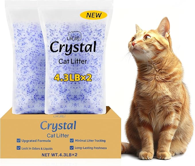 LMJP Crystal Cat Litter with Powerful Odor Control, Non-Clumping, Lasts Up to 2 Months, 8.6lb, Rapid Water Absorption, Unscented & Low Tracking Lightweight Blue & White Silica, 2 Pack of 4.3lb