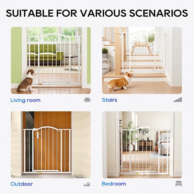 FDW 36” Tall Adjustable Arched Pet Gate, Extra Wide Walk-Through Metal Safety Gate for Stairs & Doorways, Fits 28.5”-39.7” Openings, White
