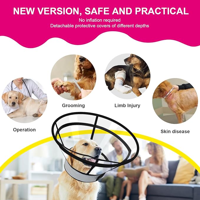 Sponge Core Dog Cat Cone Collar for After Surgery Recovery, Inflatable Dog Cone Alternative, Lainergie Dogs Donut Collar Adjustable with 2PCS Cover for Large Medium Small Dogs Cats (Grey+Pink, L)