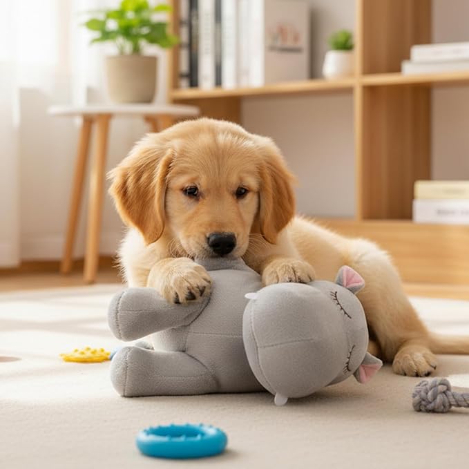 3T GROUP Puppy Heartbeat Toys Sleep Aid,Dog Heartbeat Toy for Puppy Essentials Stuffed Animal Anxiety Relief Comfort Pillow Calming Puppy Toys Hippo(Gray)