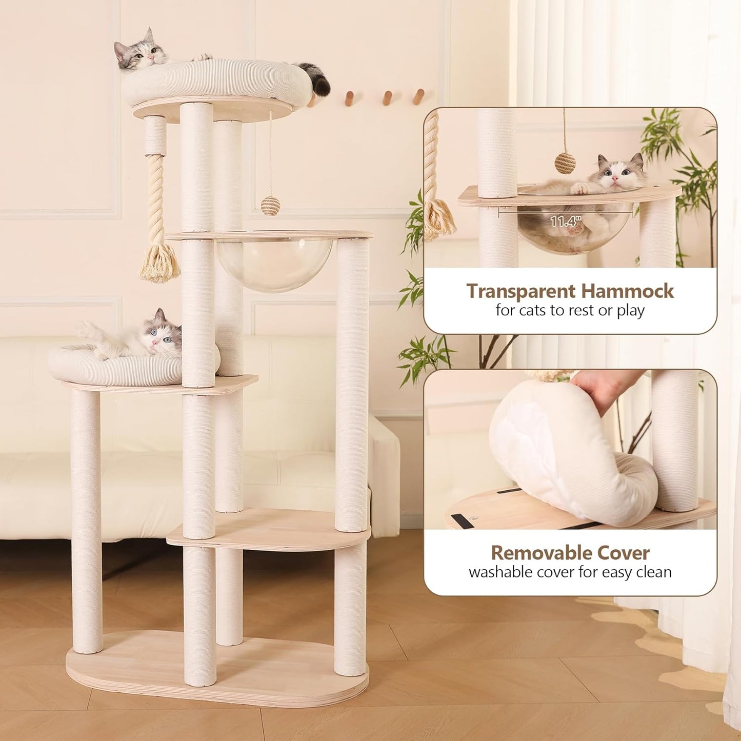 59" Modern Cat Tree Multi-Level Large Cat Tower Heavy Duty Cat Tree with Hammock,Cotton Scratching Post and Washable Cushions