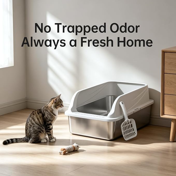 Stainless Steel XL Cat Litter Box for Cats, High-Sided Design Prevents Urine Leakage, Non-Stick, Easy to Clean, Includes Scoop, Gray L