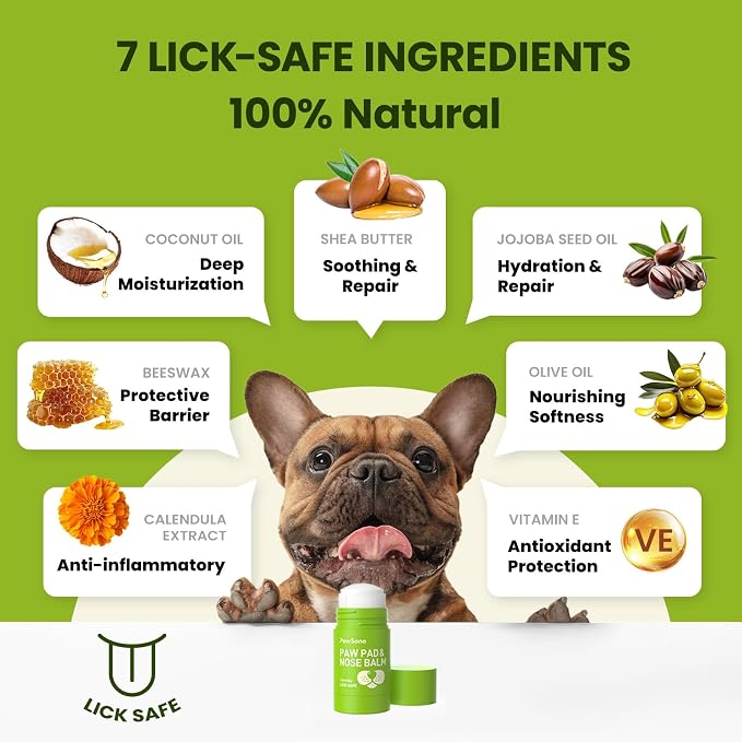 PawSono Lick-Safe Dog Paw & Nose Balm with Coconut Oil | All-Natural Moisturizer & Soother for Dry, Cracked Pads & Snout | Heat & Cold Pavement Protection Wax | Horse Hoof, Joint Care (1.3 oz