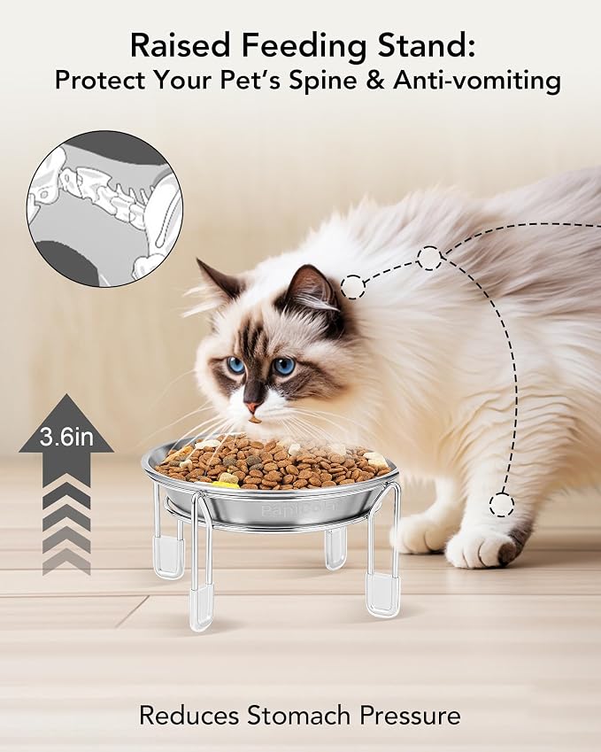 Elevated cat Bowl, 6.3" Wide Raised Stainless Steel Cat Food and Water Dishes, Small Dog Bowl, Whisker Friendly, Anti-Vomiting, Neck Stress-Free, Non-Slip Stainless Steel Stand with 4 Legs- 3Pack