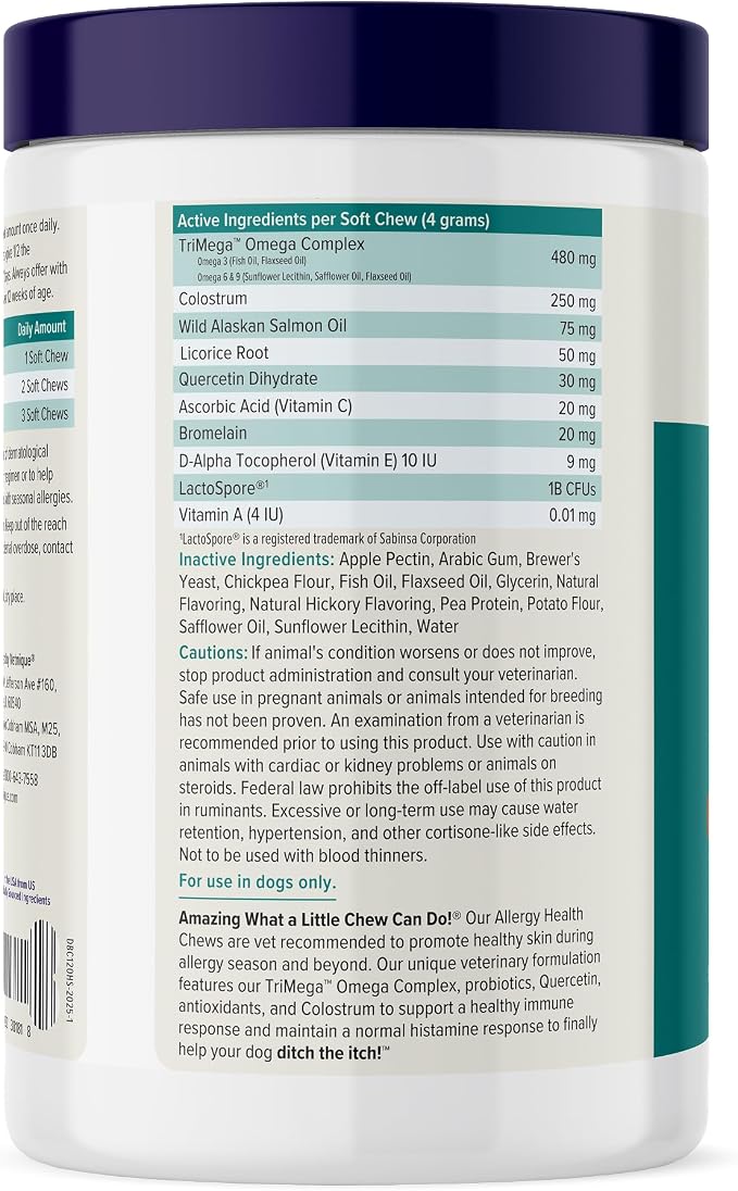 Vetnique Dermabliss Vet-Formulated Dog Allergy Chews for Seasonal Itch Relief, Skin, Coat & Gut Health, Omega 3 + Probiotic Anti-Itch Soft Chew Supplement for Dogs (120ct, Regular Strength Chews)