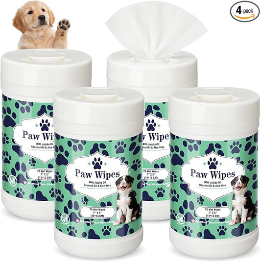 4 Pack Dog Wipes for Paws 5 x 7 Inches Ultra Soft Cotton with Cherry Blossom Scent Gentle Cleansing Pet Wipes for Fresh Smelling Dog After Walks, 280 Per Total