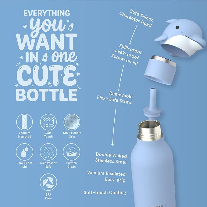 Asobu Bestie Bottle Limited Edition Collectible Kids Water Bottle with Animal Character Lid 16oz (460ml) Insulated Stainless Steel, Leakproof, Reusable with Straw Fun Gift for Girls & Boys