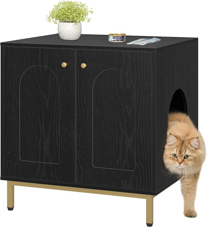Hzuaneri Cat Litter Box Enclosure, Hidden Litter Box Furniture Cabinet, Wooden Indoor Cat House, Side End Table, Living Room, Bedroom, Black and Gold CB81204G