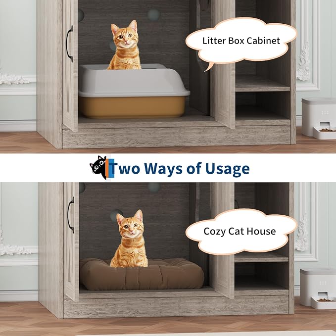 Cat Litter Box Enclosure,Hidden Litter Box Furniture with Divider,Indoor Cat House,Wooden Cat Washroom Storage Cabinet Bench, Side End Table Nightstand, 33.07" L × 23.62" W × 23.92" H,Light Gray