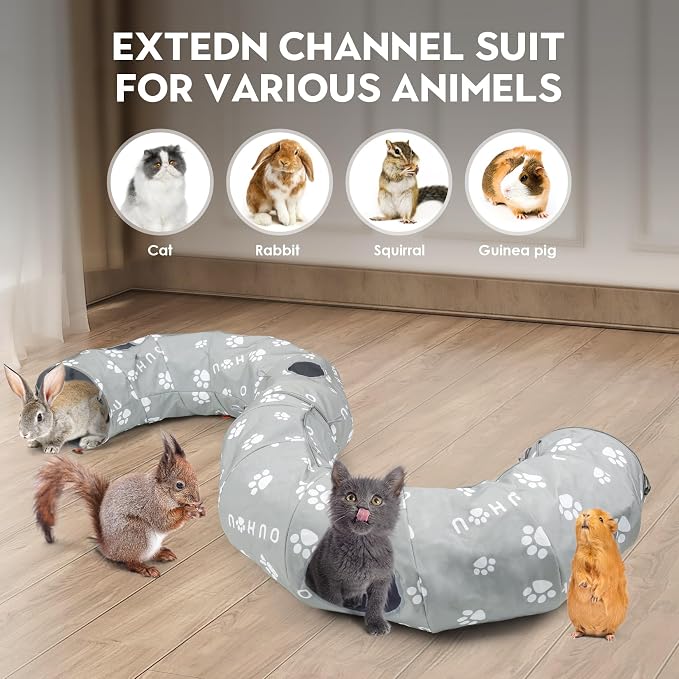 Cat Tunnel Bed for Indoor Cats, Donut Tunnel with Mat, Straight Tunnel, 4 Hanging Balls and Blackout Tent, Collapsible Peekaboo Cat Cave