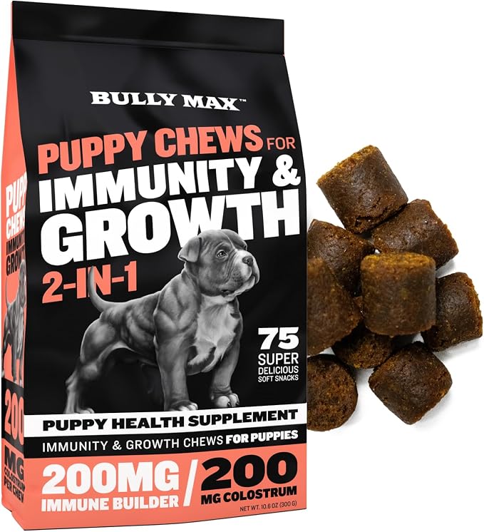 Bully Max Wet Puppy Food (2lbs. Dry Makes 5.5 lbs. Wet Food) Puppy Chews for Immunity & Growth and Puppy Vitamins (30 tabs) for Development & Digestive Support Bundle for Small, Large Breed Puppies