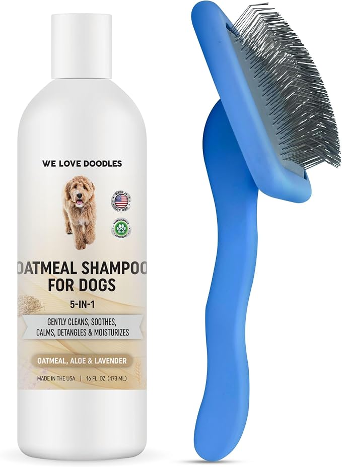 We Love Doodles Premium Oatmeal Shampoo & Slicker Brush for Dogs - Gentle for Itchy & Sensitive Skin, Hypoallergenic & Soothing for Dry Skin, Moisturizing Anti-Itch, Brush for Grooming, Made in USA