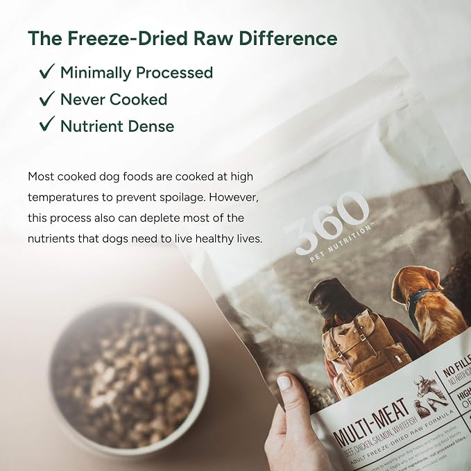 360 Pet Nutrition Freeze Dried Complete Multi Protein Meal for Adult Dogs, High Protein, Omega 3's, No Fillers, Made in The USA + Bison Liver Treat