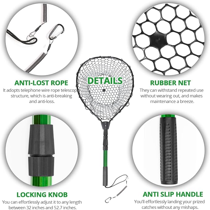 Rubber Fishing Net with Telescoping Handle - High Strength Landing Net for Fishing with Soft Rubber Netting, Two Sizes Options