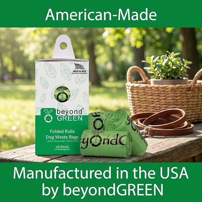 beyondGREEN Dog Waste Bags, 90 Count (6 Folded Rolls), Green Dog Poop Bags, 9 x 12 Inch Bags, Easy Dispensing Rolls, Made in USA