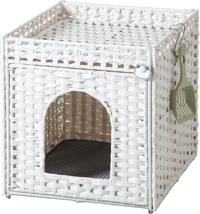 SETVSON Cat Litter Box Enclosure Furniture, Hidden Litter Box with Mat and Fence, Handwoven Rattan Cat House with Two S-Shaped Hooks for Living Room, Bedroom, 18.5 x 20.5 x 19.1 Inches (White