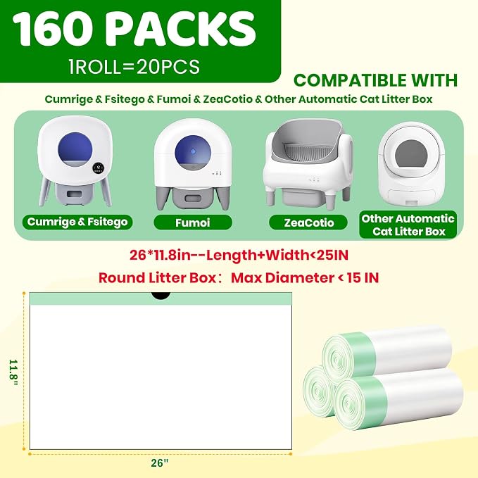 160 Count Drawstring Cat Litter Box Liners, Durable Cat Litter Bags Compatible with Cumrige & Fsitego & Fumoi & ZeaCotio Self-Cleaning Litter Box, 26"x11.8"