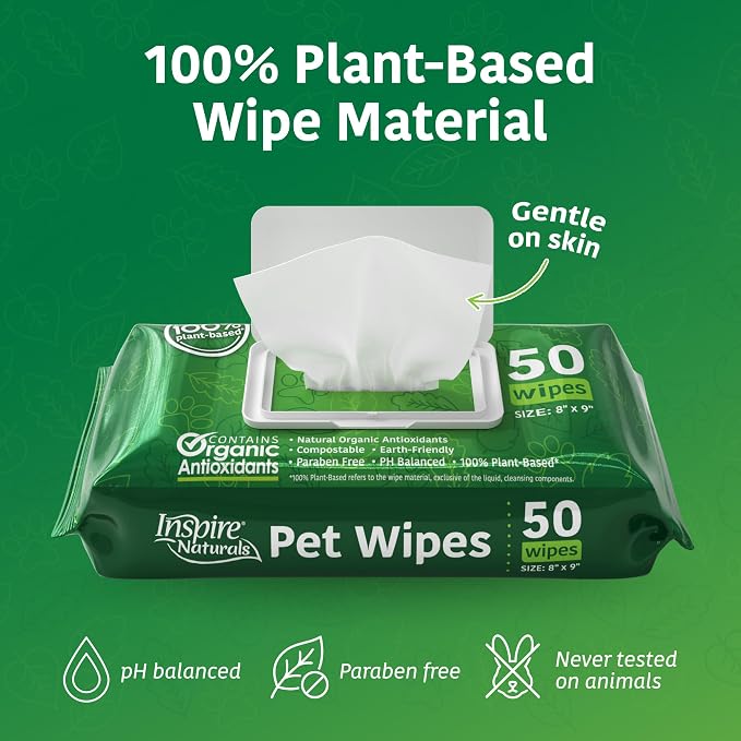 Inspire Naturals Pet Wipes for Dogs and Cats 100% Natural Plant Based with Organic Antioxidants, Dog Wipe Cleaning Deodorizing | Puppy Wipes | Dog Wipes for Paws and Butt(100ct - 2 Pack)