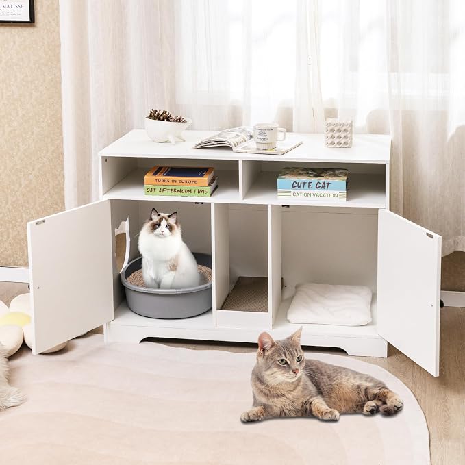 Tangkula Double Litter Box Enclosure, 43 Inch Hidden Litter Box Furniture with Shelves, Removable Scratching Board, 2 Sisal Mats, Large Enclosed Cat Box Enclosure for 2 Cats (White)