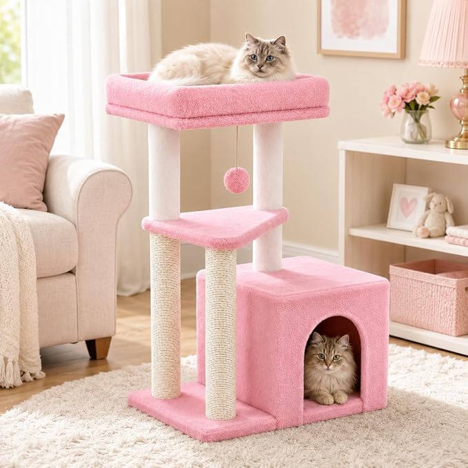 Small Cat Tree Tower for Indoor Cats, 33 Inches Multi-Level Cat Condo with Scratching Posts, Large Perch, Hanging Toy for Large Adult Cats, Pink