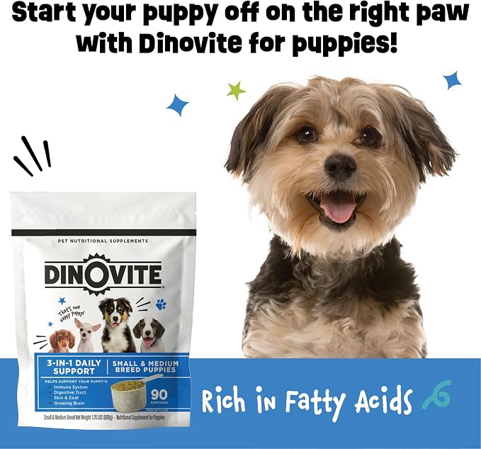 Dinovite Probiotic Food Topper for Puppies, Digestive Health & Skin Support Formula with Omega-3s, Daily Puppy Wellness Supplement, 90 Servings
